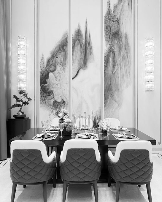 modern dinning room with marble wall feature