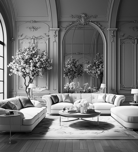 Romantic style interior design of a living room in a luxury home in London.