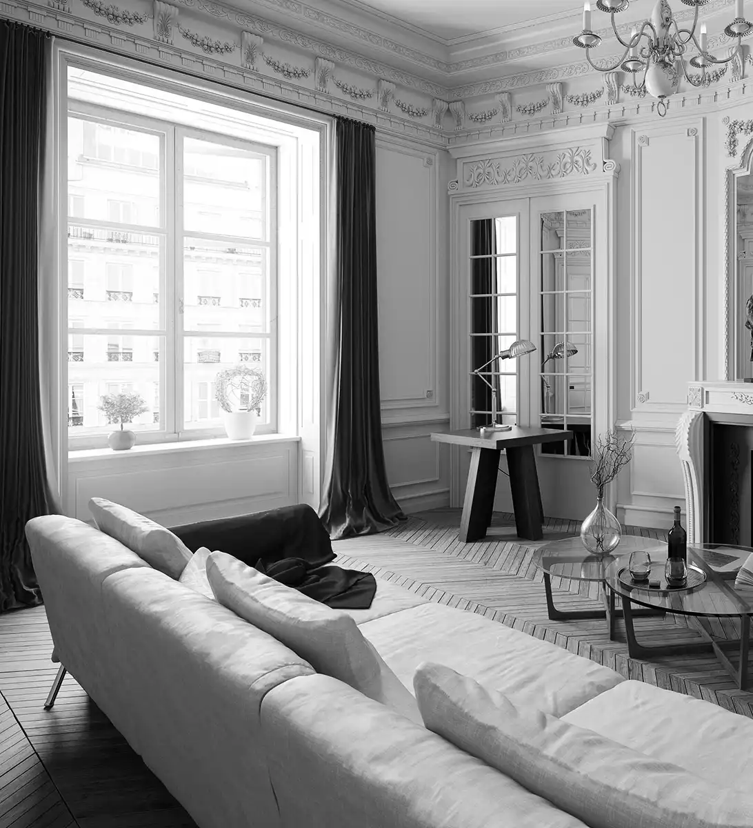 Luxurious living room in London illustrating staff management service in a Victorian-style setting with modern furniture